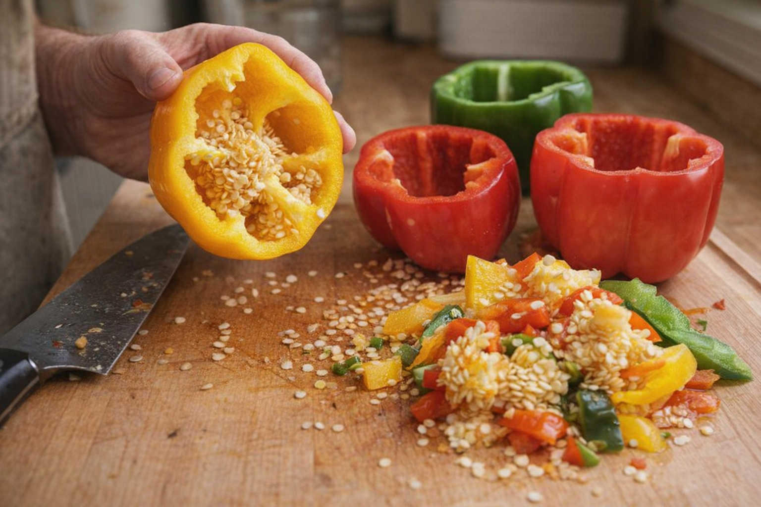 A close-up shot of brightly colored bell peppers being prepared for stuffing, showcasing the removal of seeds and membranes, with a chef's knife and cutting board in the background